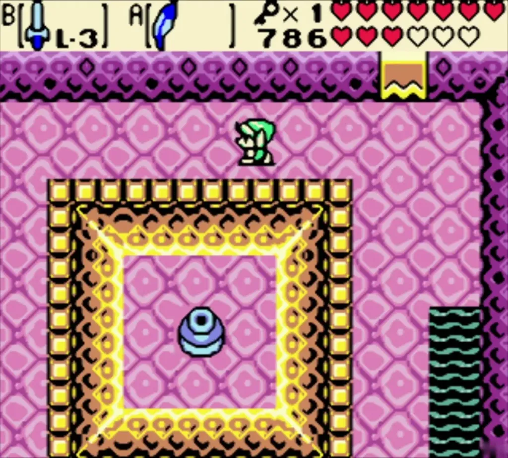 Blue pad inside a gold-railed pink room of Jabu-Jabu's Belly