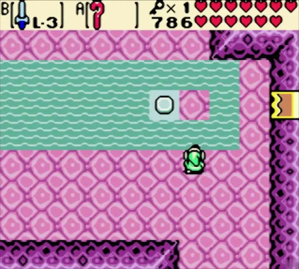 Grey button beside the teal water strip in a pink room of Jabu-Jabu's Belly