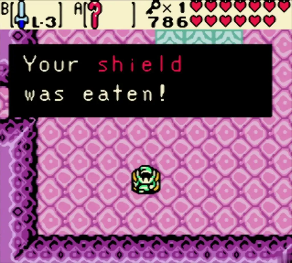 Green Like Like-type enemy in a pink room after the message that the shield was eaten