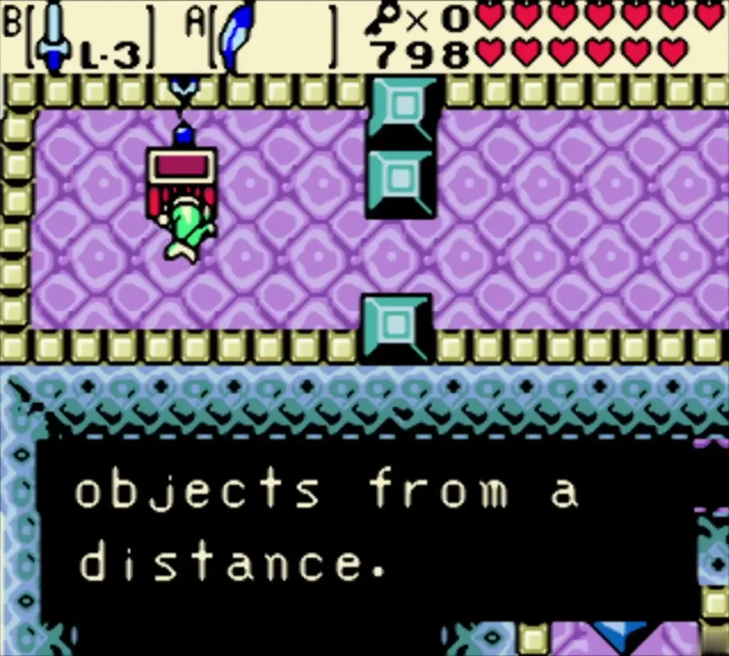 Link holding the Long Hook overhead with its message box in the lilac room