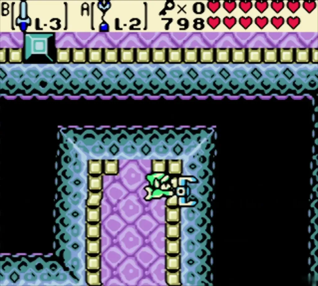 Link pulled by the Long Hook through a gold-railed doorway in the lilac rooms