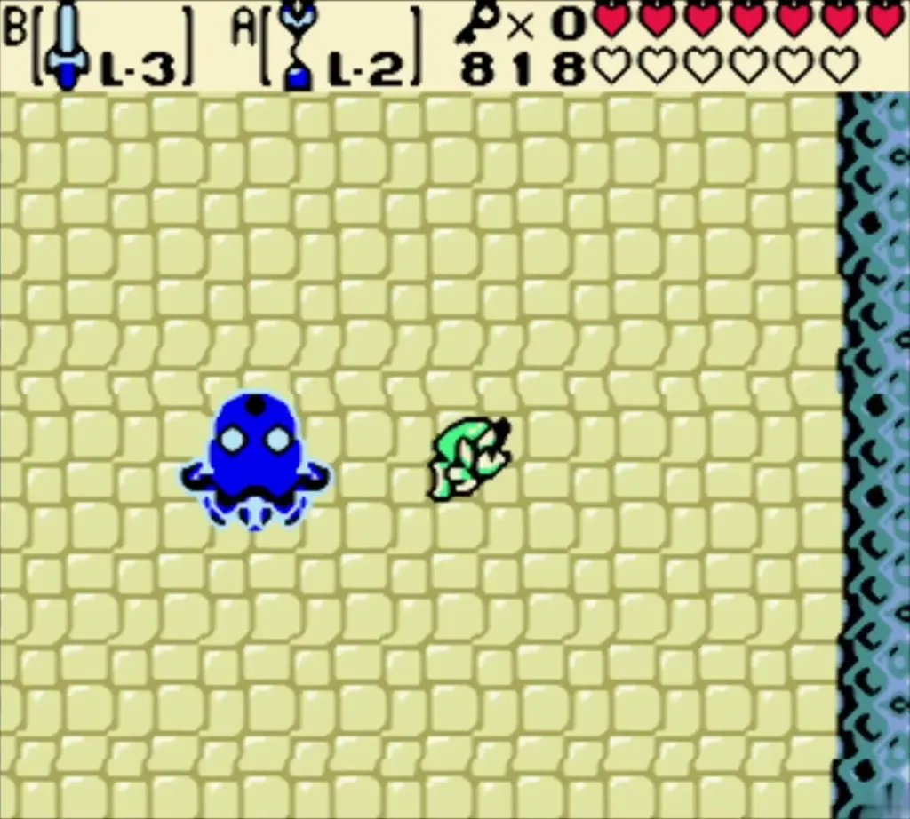 Blue Plasmarine form on the yellow brick floor beside Link