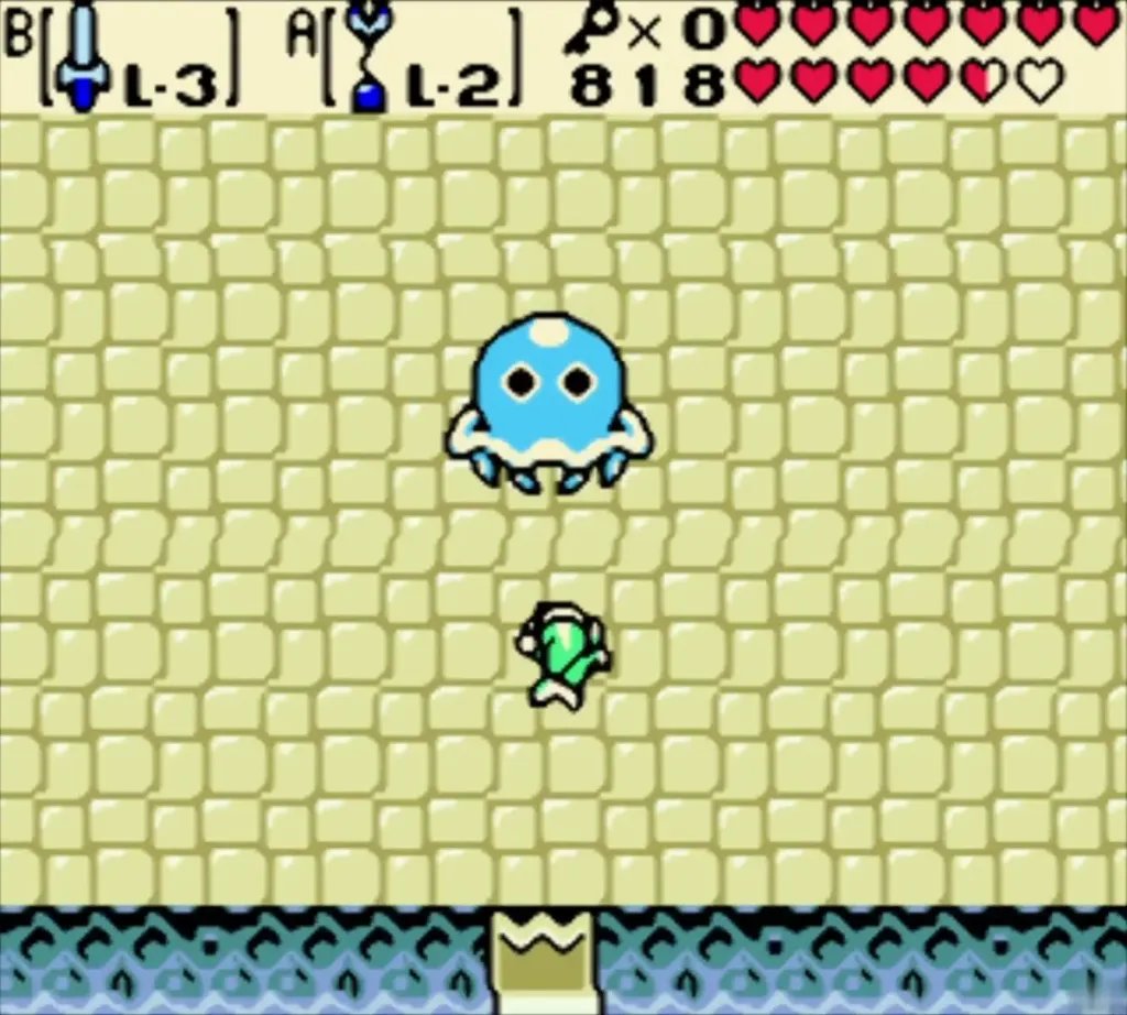 Link entering the yellow brick Plasmarine room with its blue-form boss in view