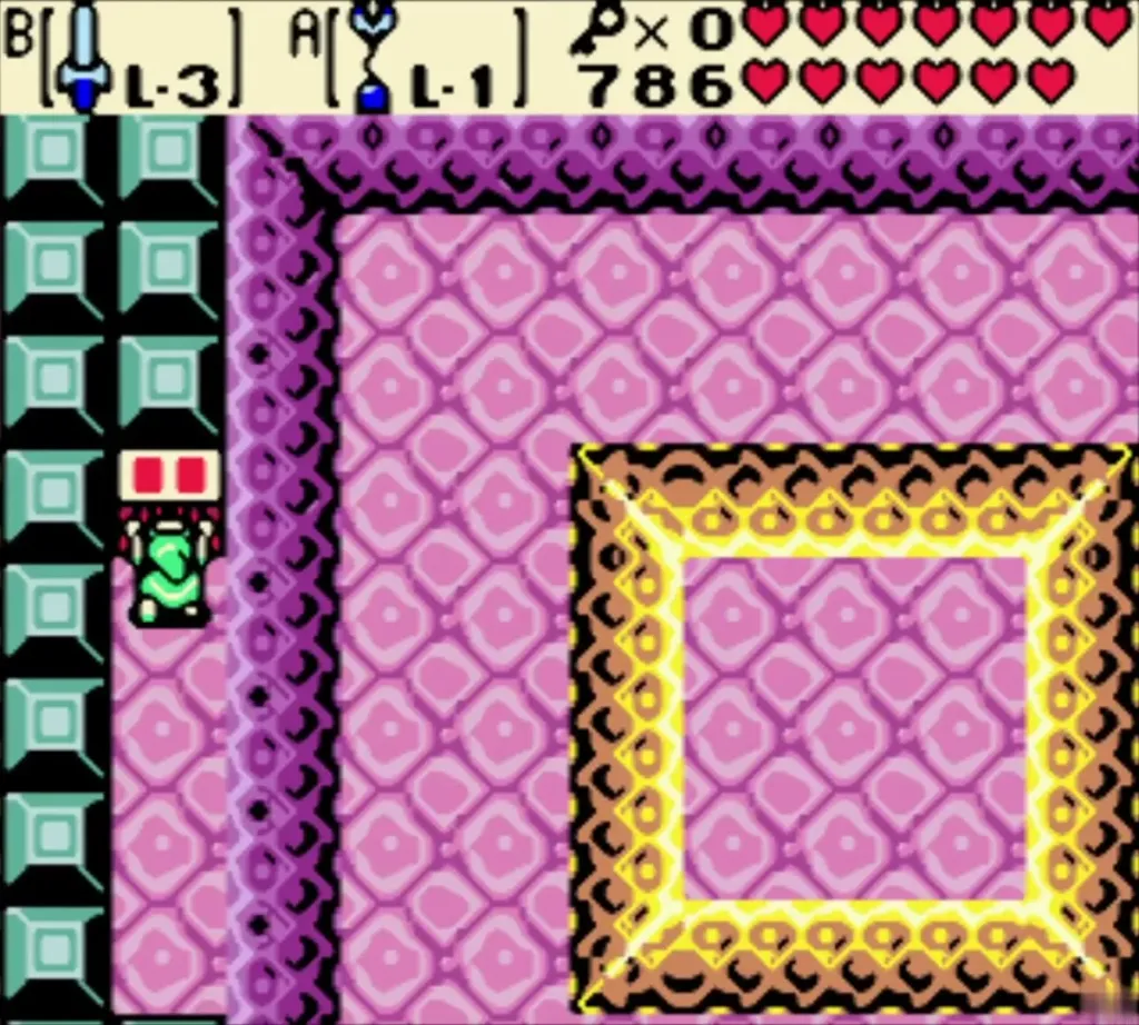 Link beside the chest on the left side of a pink room