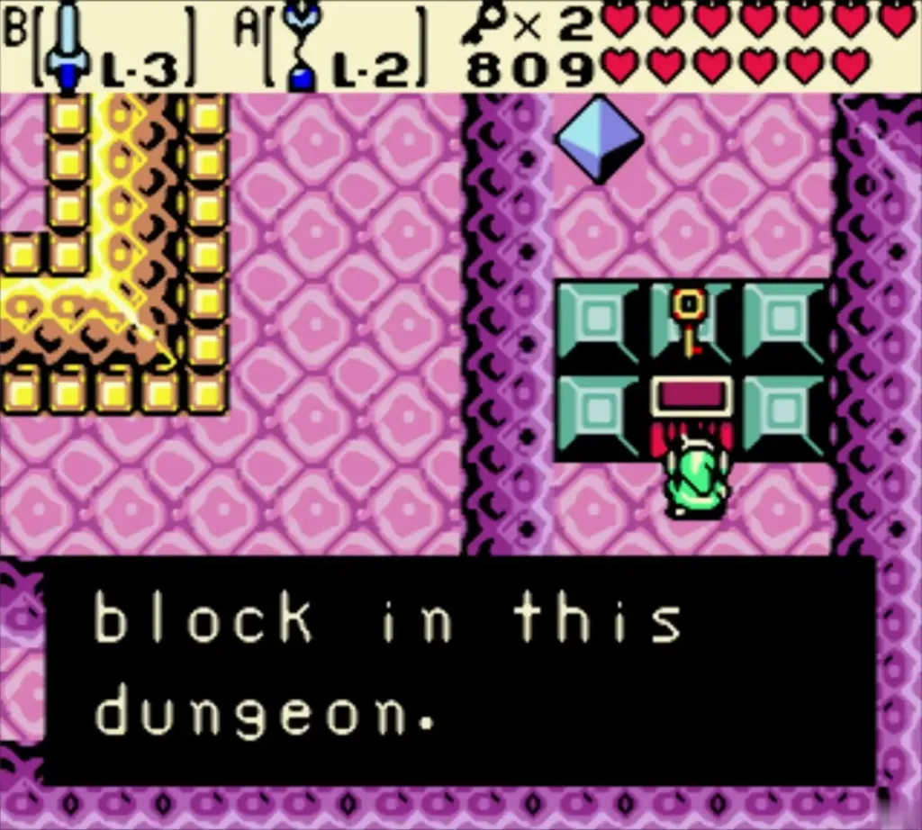 Small Key message ending in block in this dungeon, with Link beside the block-surrounded chest