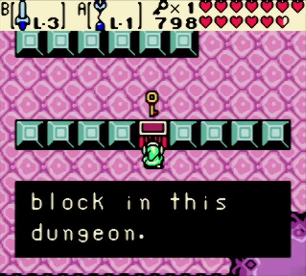 Small Key message ending in block in this dungeon, with Link beneath the chest