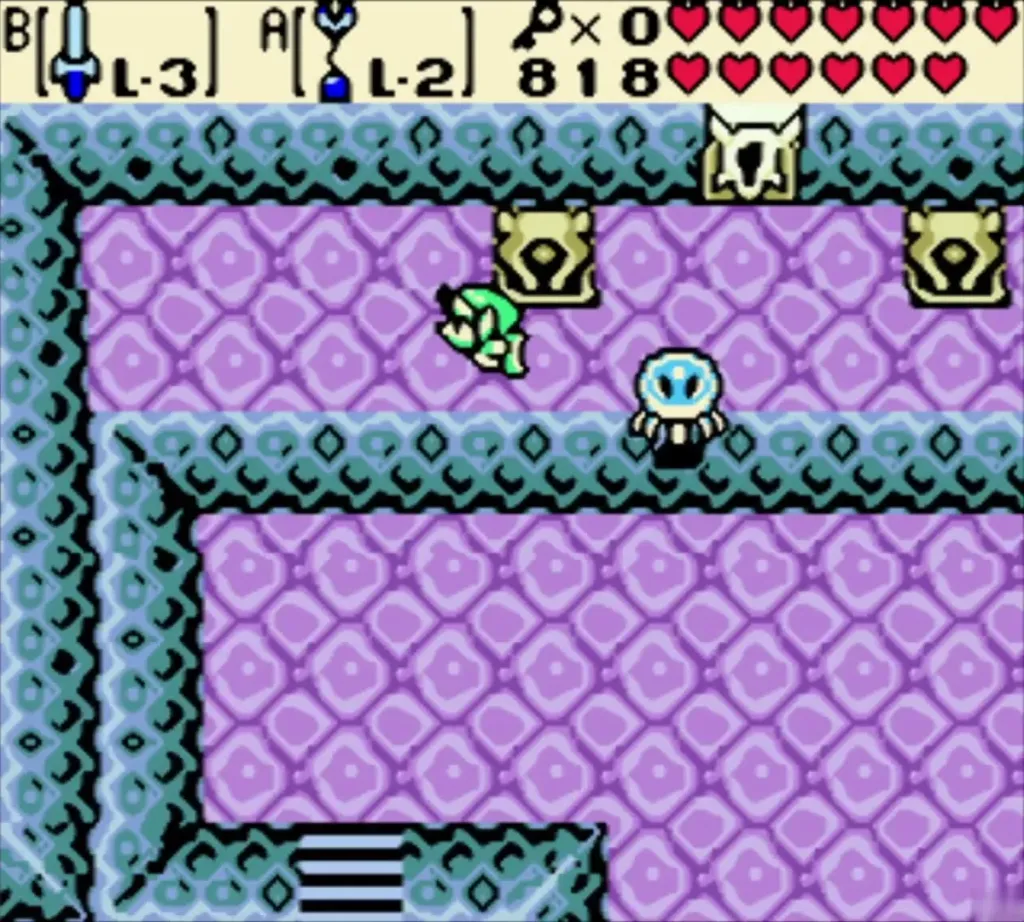 Statue tiles and chests along the lilac corridor leading toward the boss door