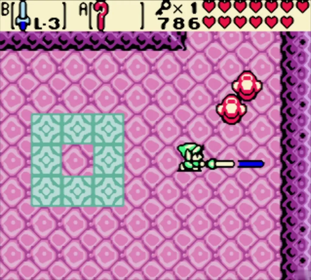 Link slashing with the sword near red enemies in a pink room with teal floor tiles