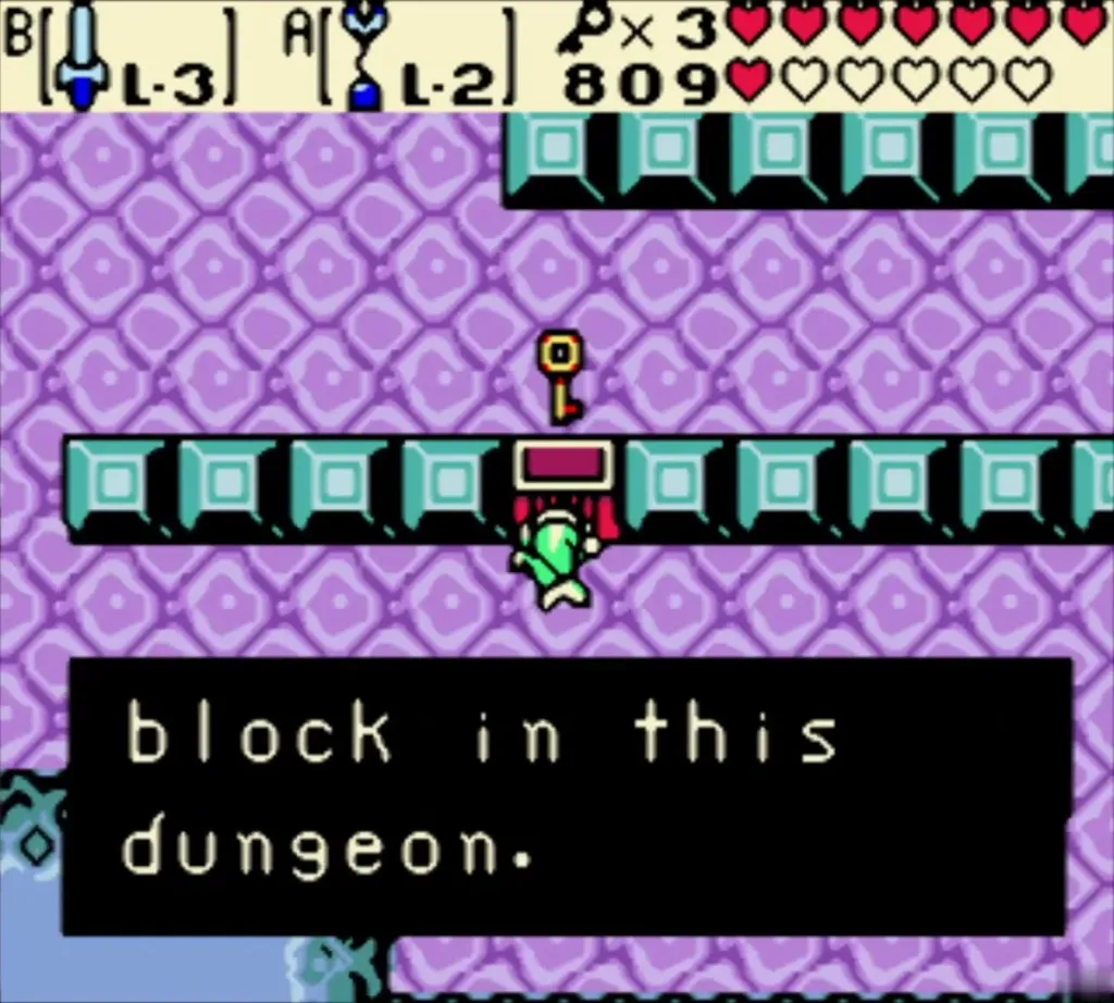 Small Key message ending in block in this dungeon, with Link at the teal block row