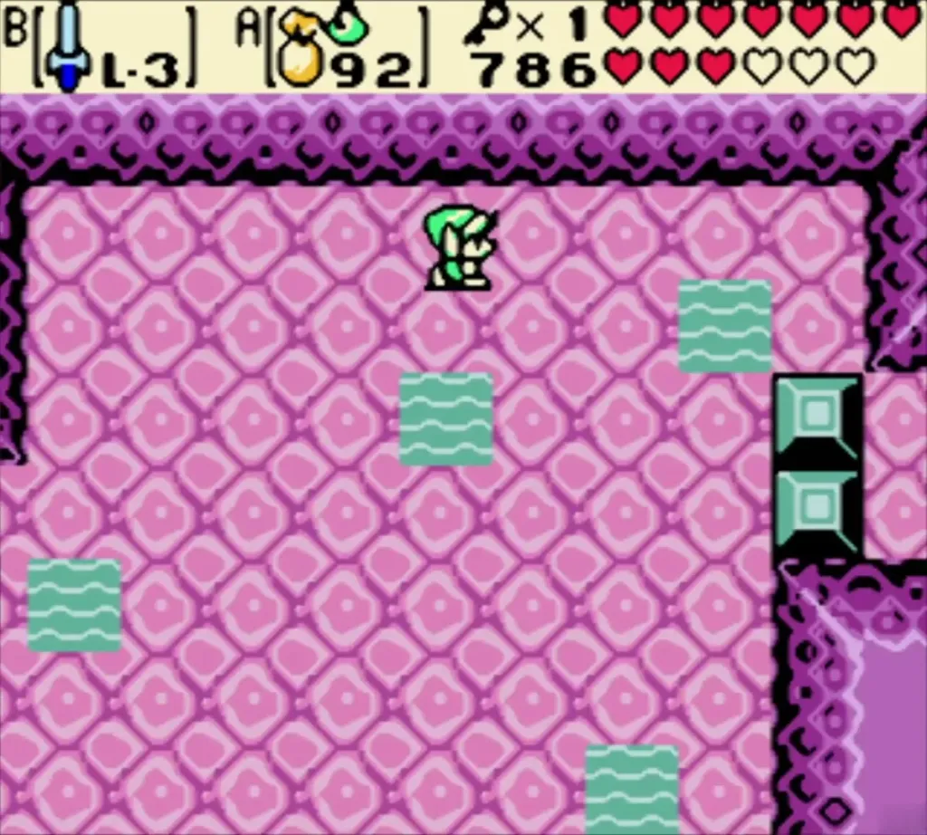 Teal floor tiles and a block column in a pink room of Jabu-Jabu's Belly