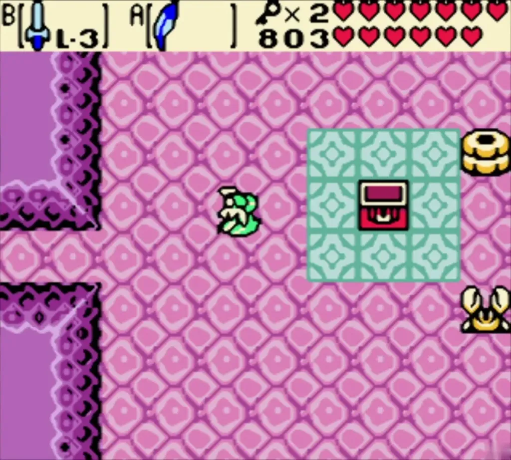 Chest on a teal pad beside a crab-like enemy and gold drops in a pink room