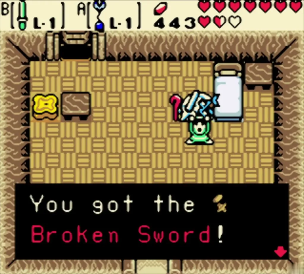 Link holding up the Broken Sword with the item message fully shown Link holding up the Broken Sword with the item message fully shown
