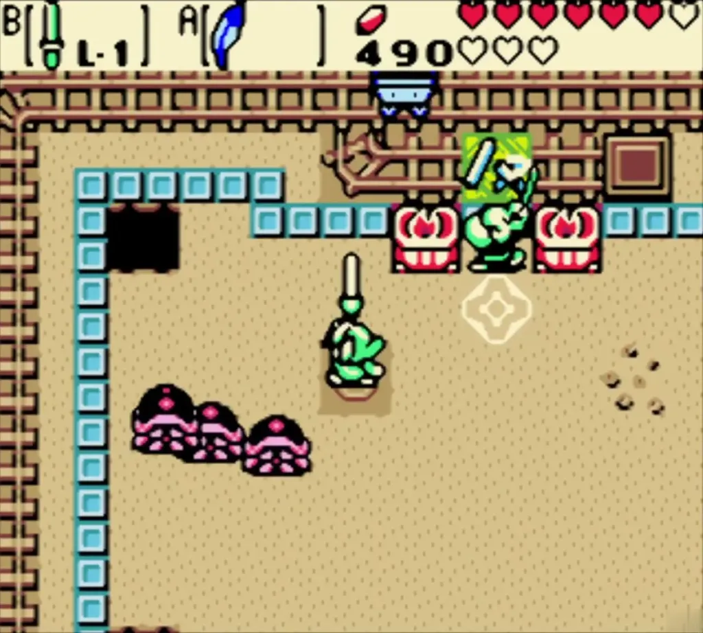 Cart on the track above as Link stands near the floor switch Cart on the track above as Link stands near the floor switch