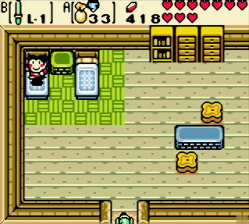 Link entering the house where a child lies in bed Link entering the house where a child lies in bed