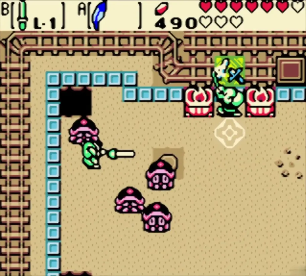 Link fighting Hardhat Beetles with the Broken Sword on the green tile at the top Link fighting Hardhat Beetles with the Broken Sword on the green tile at the top