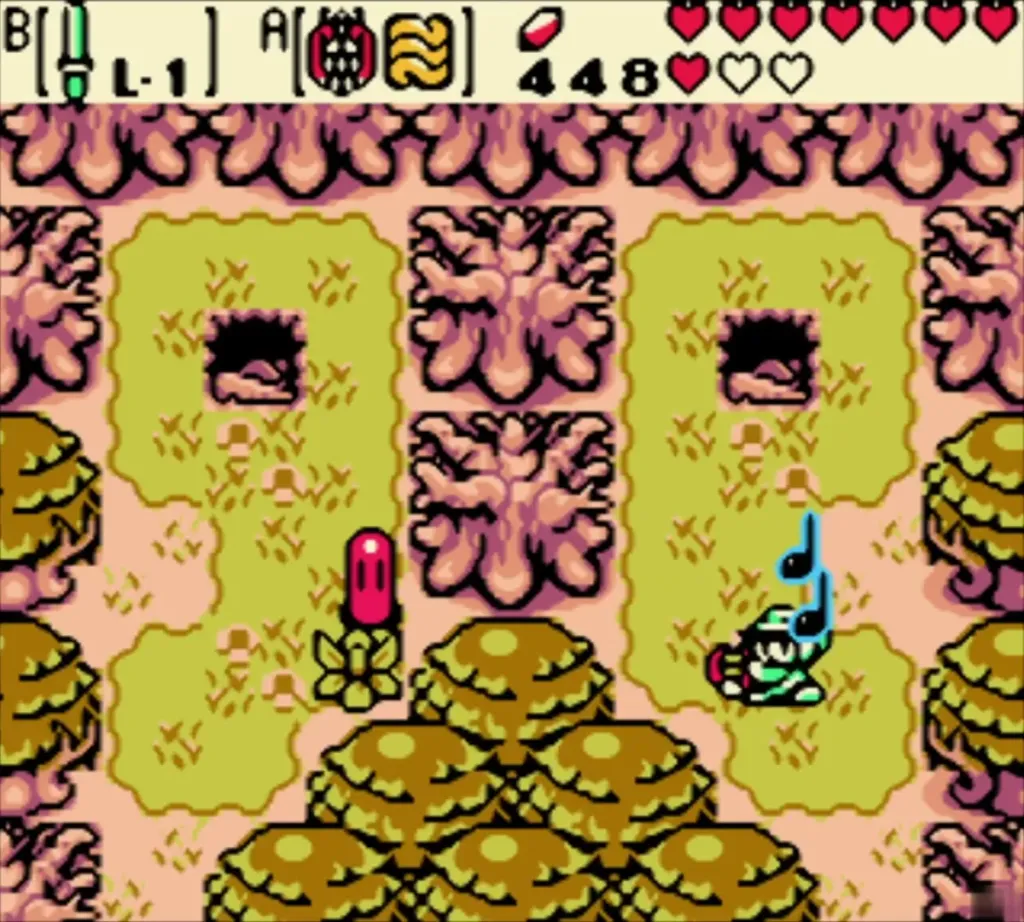 Link playing the Tune of Echoes beside the portal marker in the Deku Forest Link playing the Tune of Echoes beside the portal marker in the Deku Forest