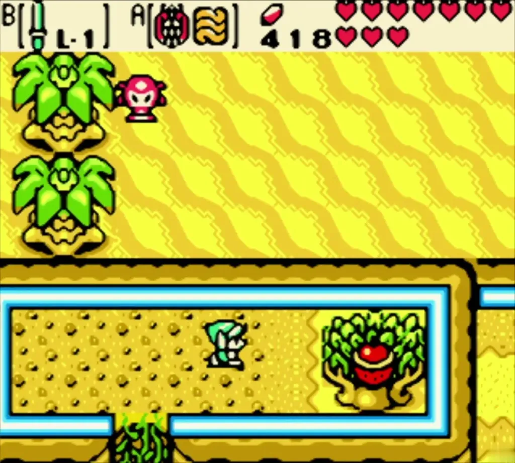 Link approaching the grown Gasha tree on the high ledge of Crescent Island Link approaching the grown Gasha tree on the high ledge of Crescent Island