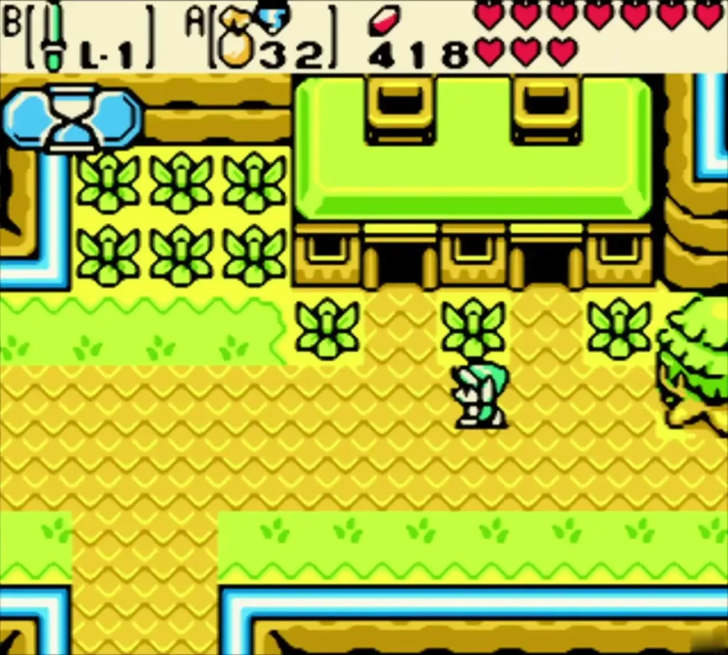 Link standing in Lynna City in the present before using a Gale Seed Link standing in Lynna City in the present before using a Gale Seed