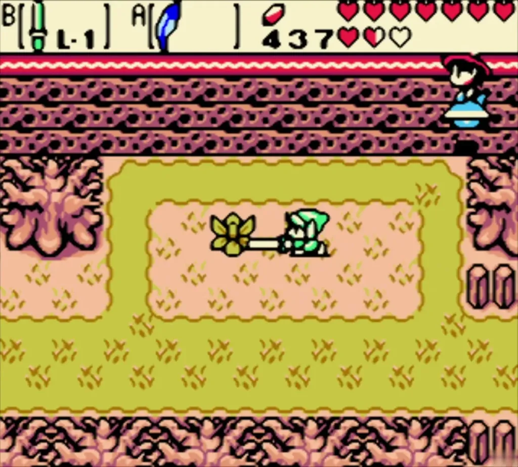 Maple flying in at the top of the screen as Link cuts grass Maple flying in at the top of the screen as Link cuts grass