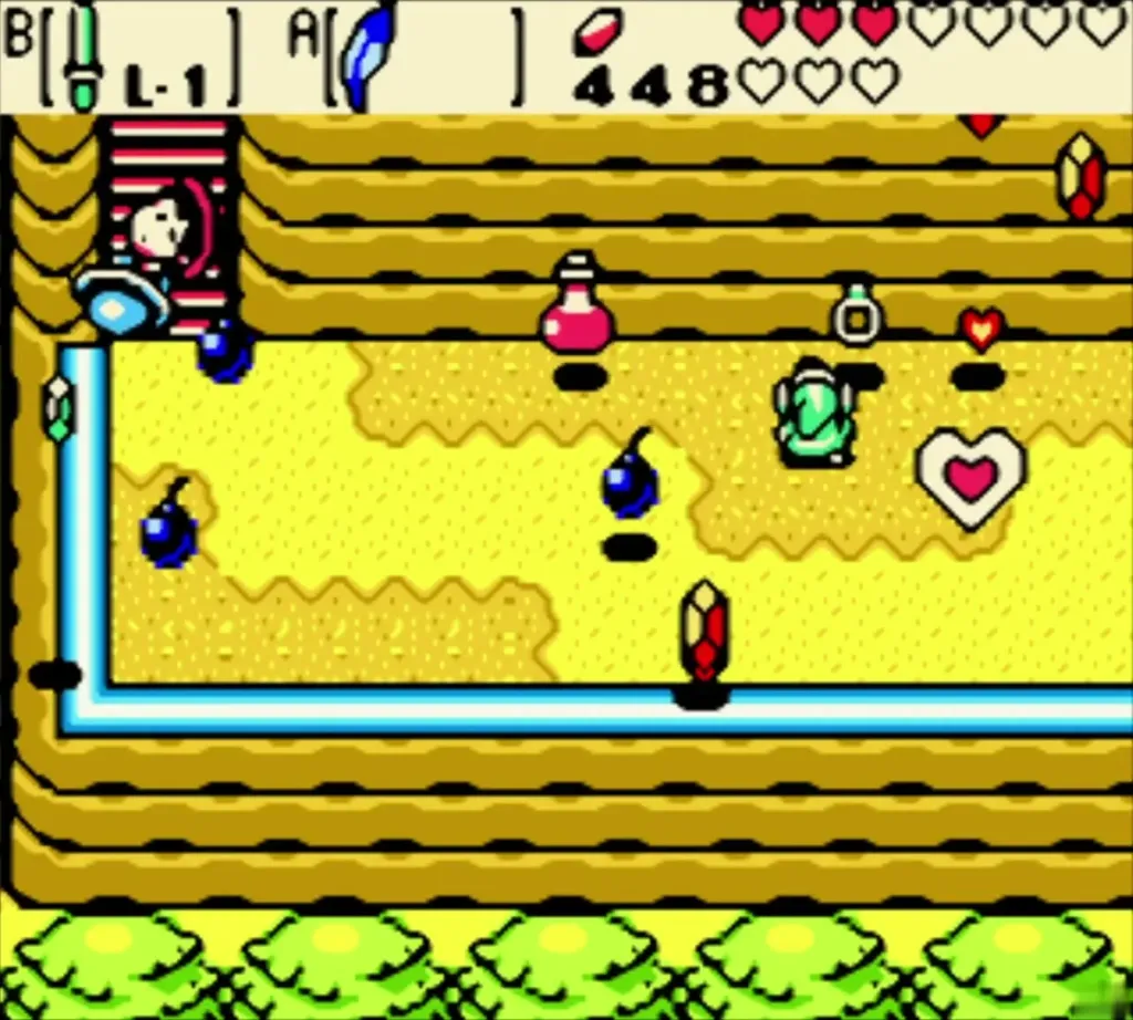 Maple dropping rupees, hearts, bombs and a potion over the sandy plateau Maple dropping rupees, hearts, bombs and a potion over the sandy plateau