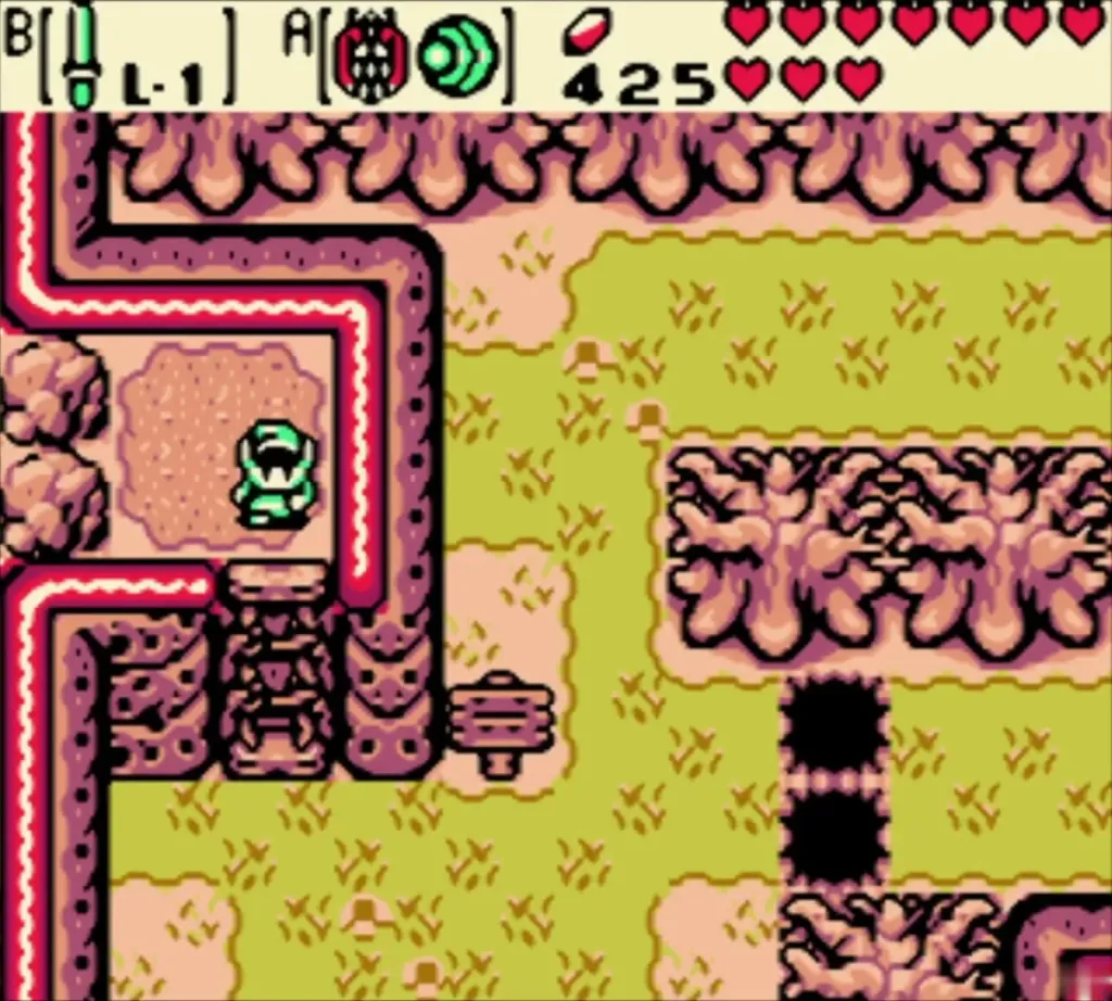 Link walking toward the steps of past Lynna Village in the red-toned past Link walking toward the steps of past Lynna Village in the red-toned past