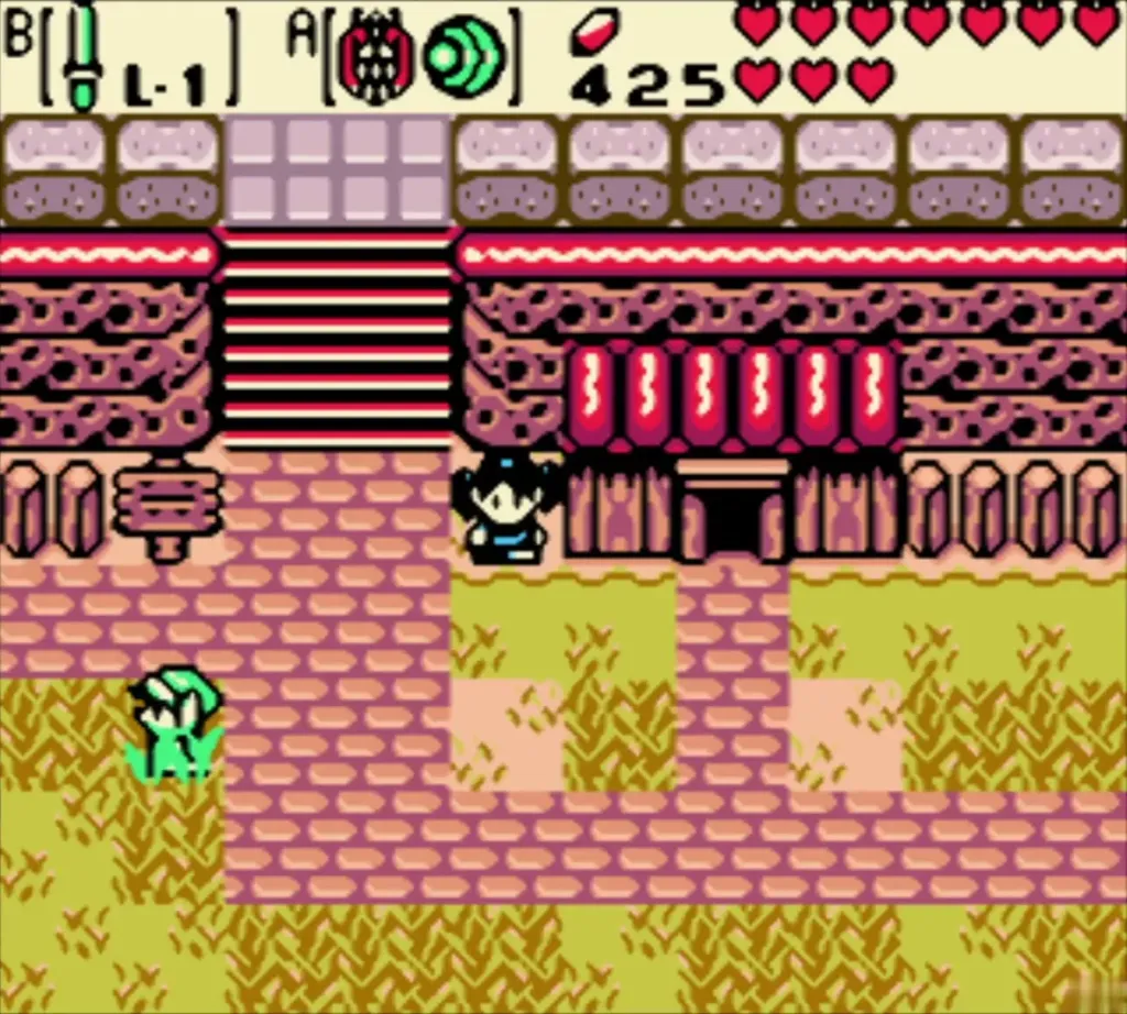 Link walking up to the gate of past Lynna Village with a townsman standing nearby Link walking up to the gate of past Lynna Village with a townsman standing nearby