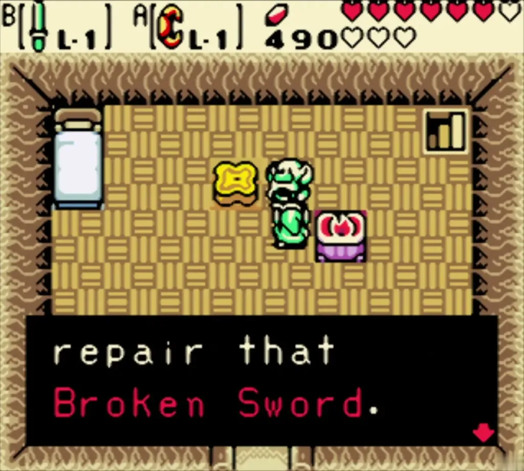 Patch asking whether Link wants him to repair the Broken Sword Patch asking whether Link wants him to repair the Broken Sword