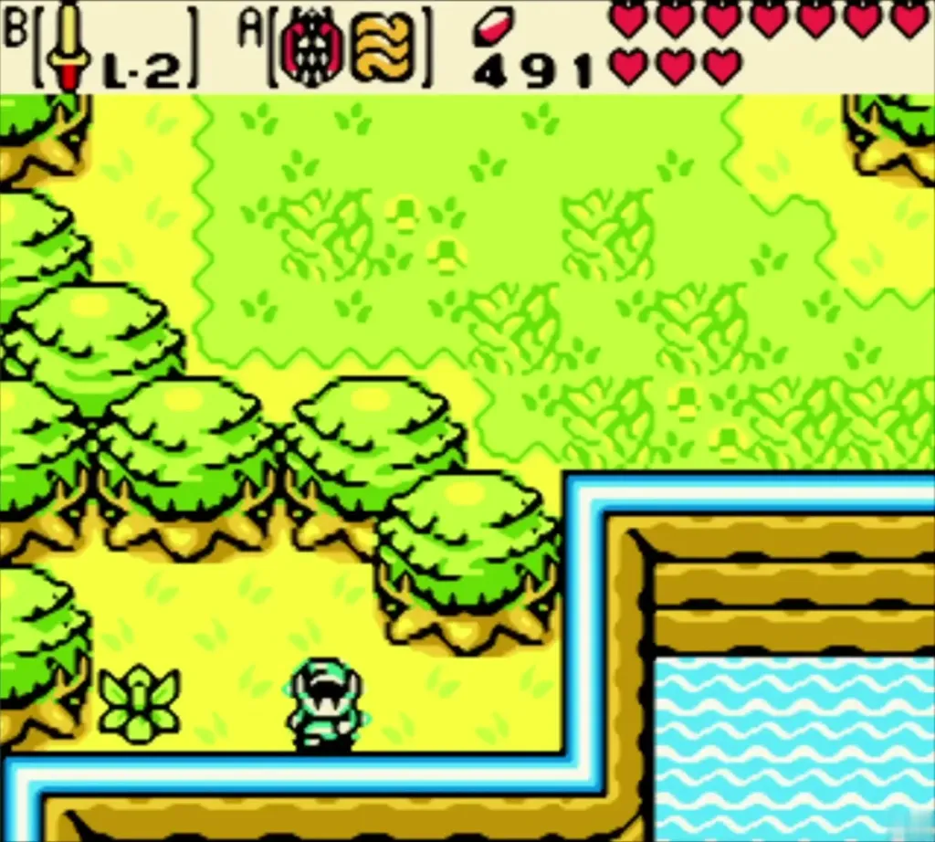 Link arriving in the present on a grassy ledge beside a pond Link arriving in the present on a grassy ledge beside a pond