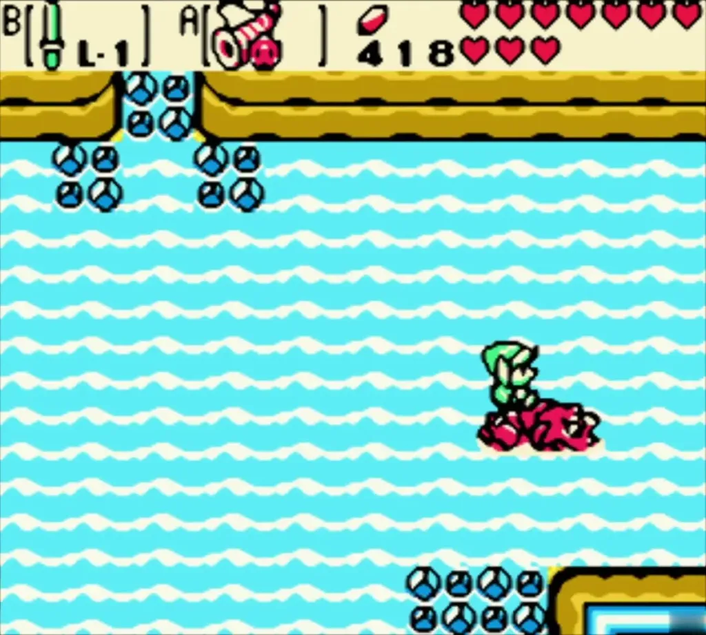 Link riding Dimitri across the water toward the islet Link riding Dimitri across the water toward the islet