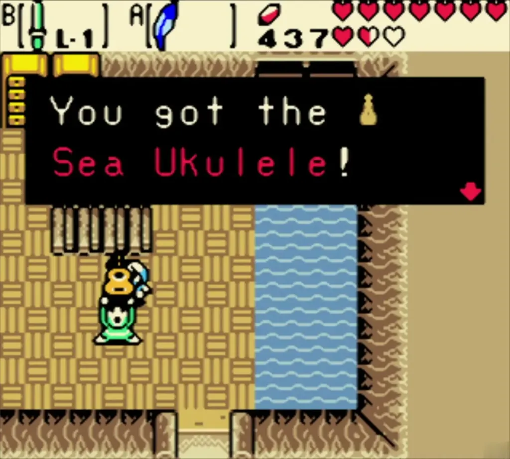 Link holding up the Sea Ukulele with the item message fully shown Link holding up the Sea Ukulele with the item message fully shown