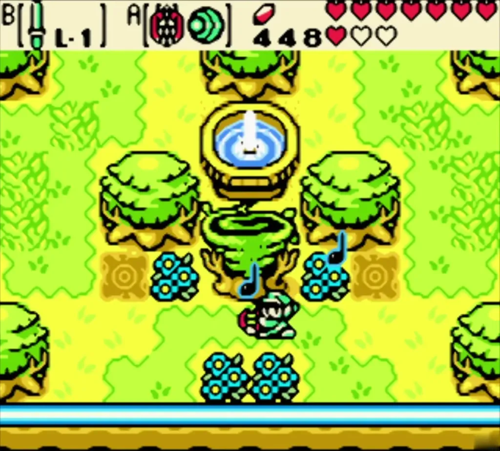 Link playing the Tune of Echoes beside the fountain in Symmetry City Link playing the Tune of Echoes beside the fountain in Symmetry City