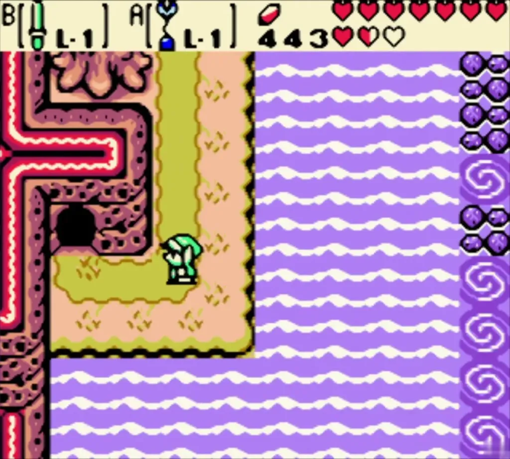 Link walking along the water toward the cave in the past Link walking along the water toward the cave in the past
