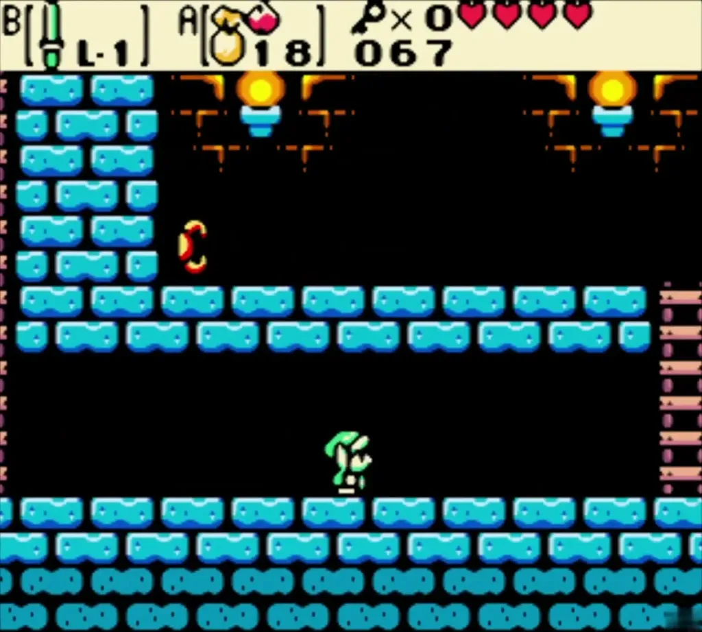Link in the side-scrolling basement with the Power Bracelet ahead Link in the side-scrolling basement with the Power Bracelet ahead