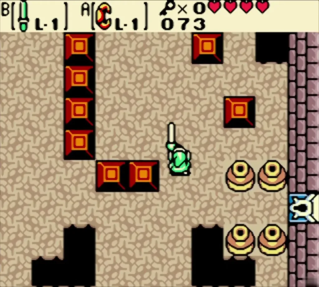 Link walking through the block room toward the east door Link walking through the block room toward the east door