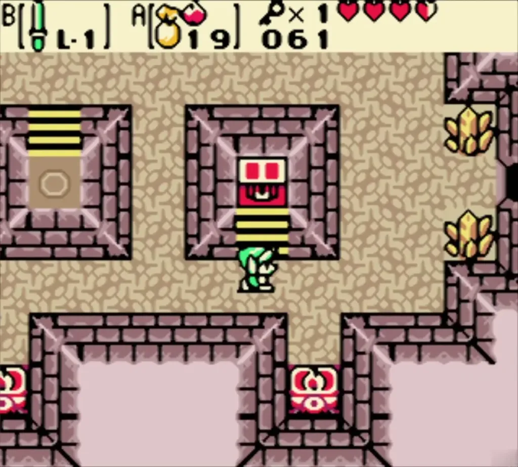 Link on the platform steps with the red chest face rising after the button press Link on the platform steps with the red chest face rising after the button press