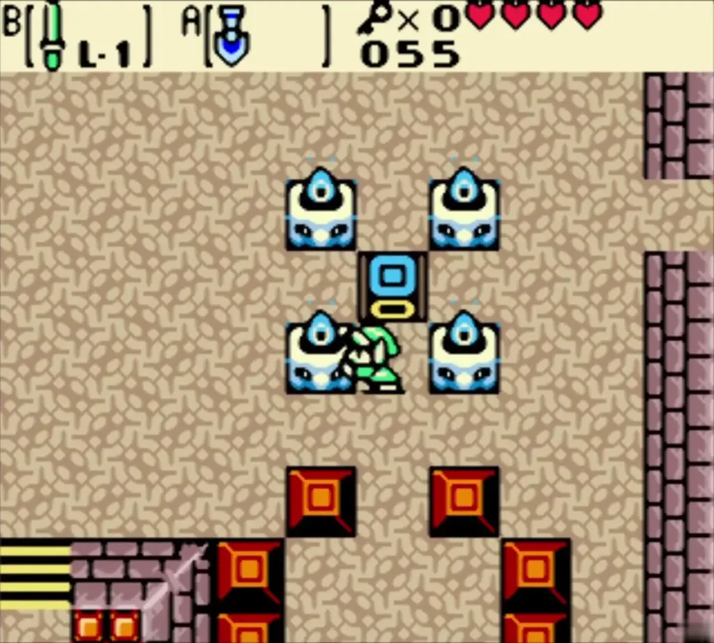 Link pushing the multicolored cube up between the four statues in the cube room Link pushing the multicolored cube up between the four statues in the cube room