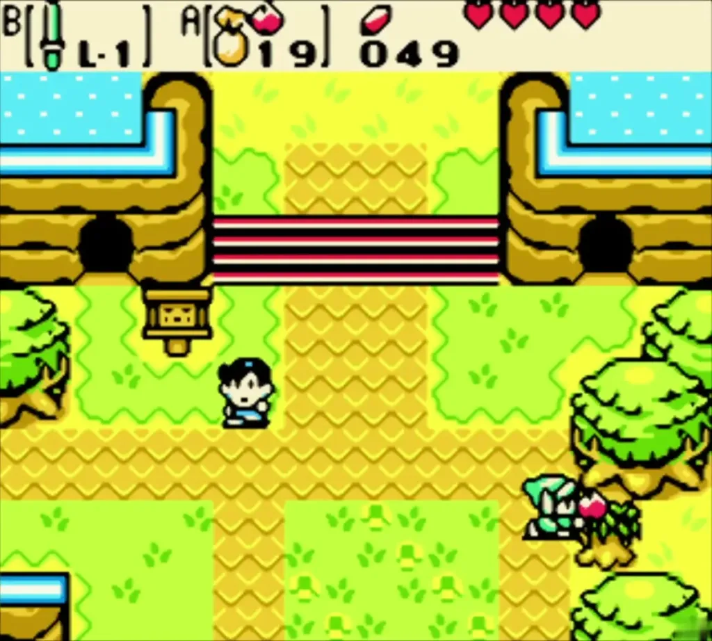 Link throwing an Ember Seed that burns the bush on the road Link throwing an Ember Seed that burns the bush on the road