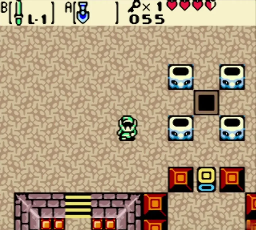 Link beside the four-way room with its center block between four statues Link beside the four-way room with its center block between four statues
