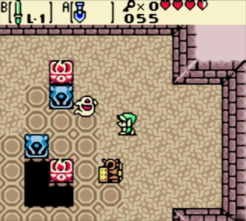 Link in the room with a Ghini ghost, two chests and statues on the floor Link in the room with a Ghini ghost, two chests and statues on the floor