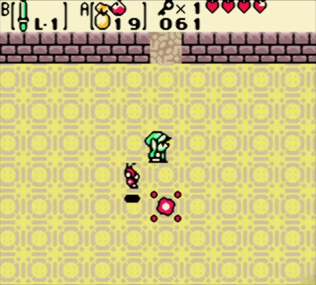 Link in the carpet room with a red sparkle and one last small ghost after Giant Ghini goes down Link in the carpet room with a red sparkle and one last small ghost after Giant Ghini goes down