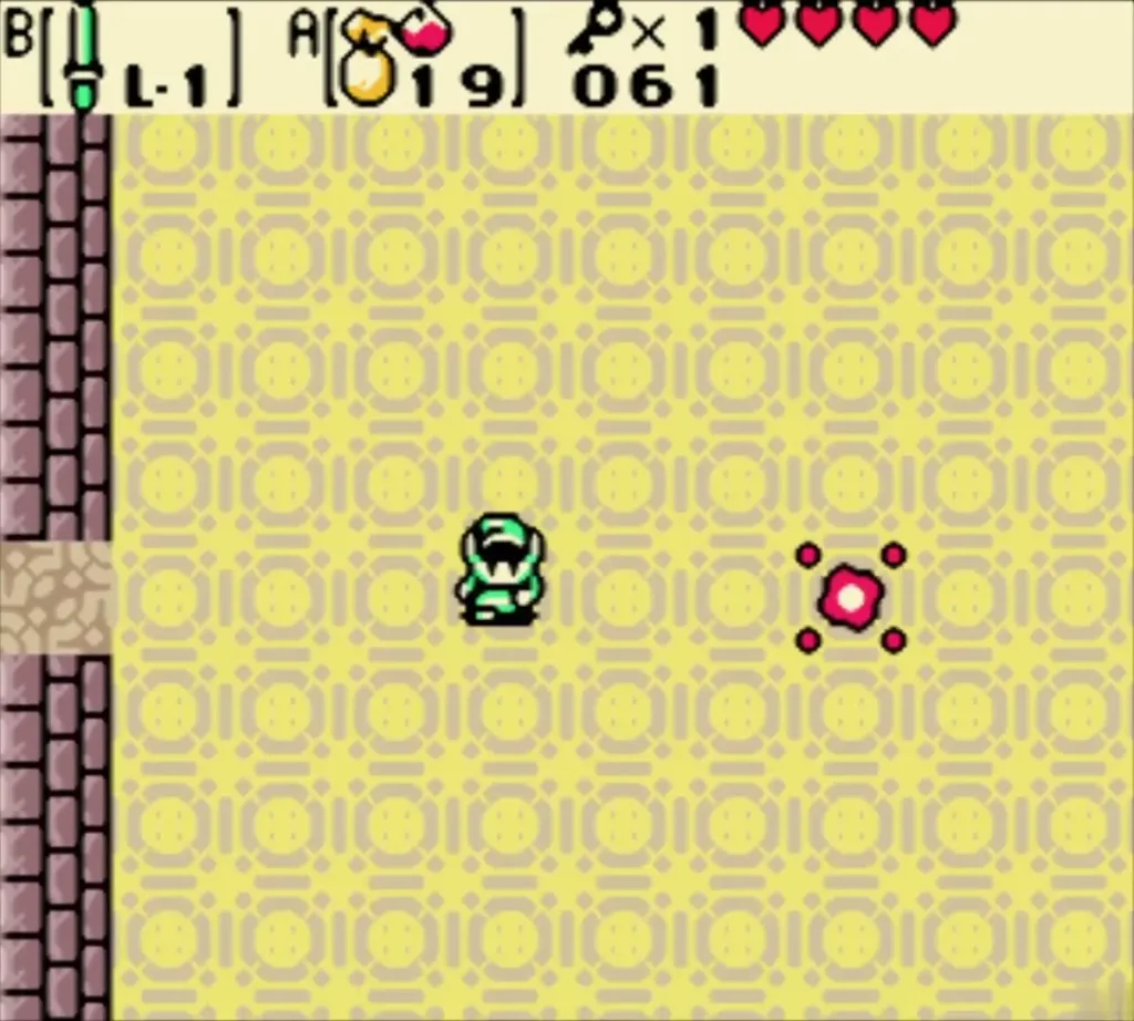 Link standing in the empty carpet room beside a red sparkle after the mini-boss is gone Link standing in the empty carpet room beside a red sparkle after the mini-boss is gone