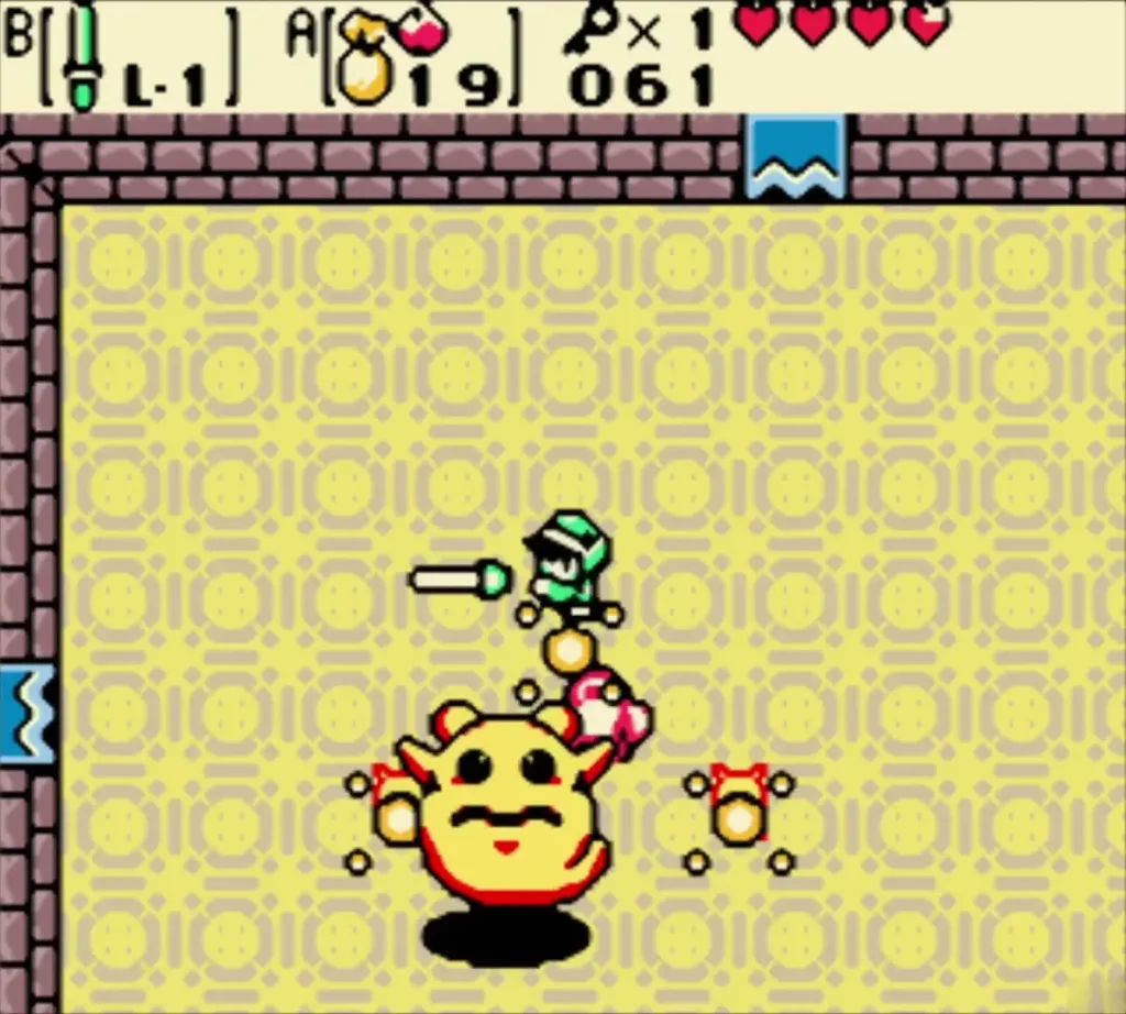 Link striking Giant Ghini while small ghosts circle it Link striking Giant Ghini while small ghosts circle it