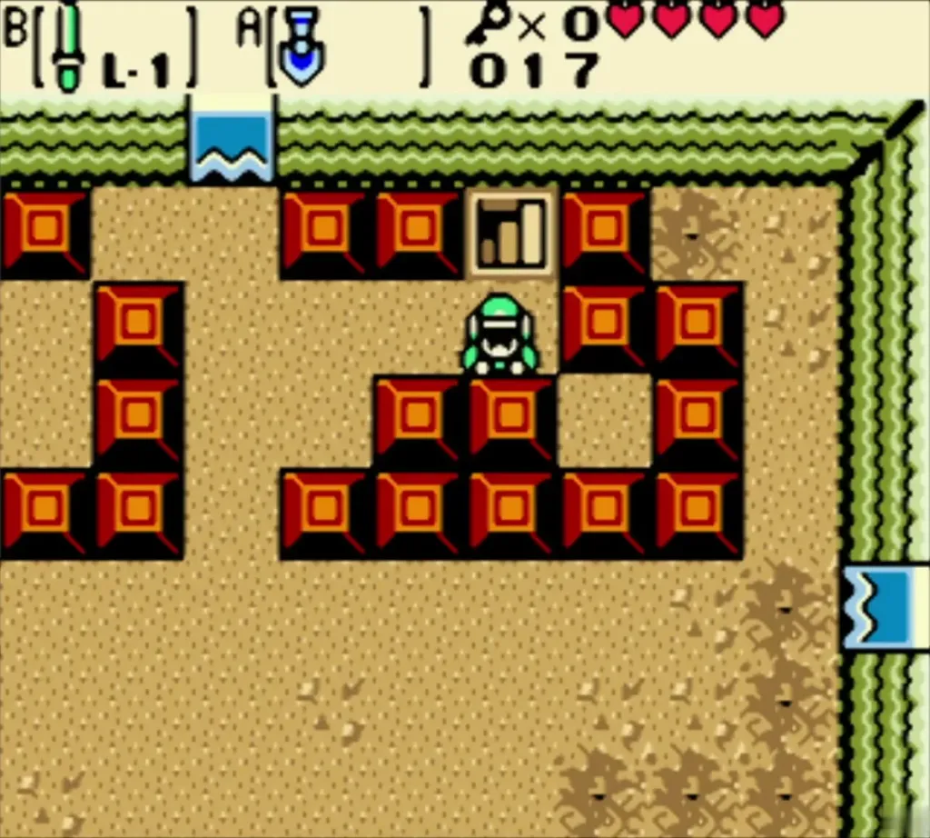 Link standing on the hidden staircase among the red blocks Link standing on the hidden staircase among the red blocks
