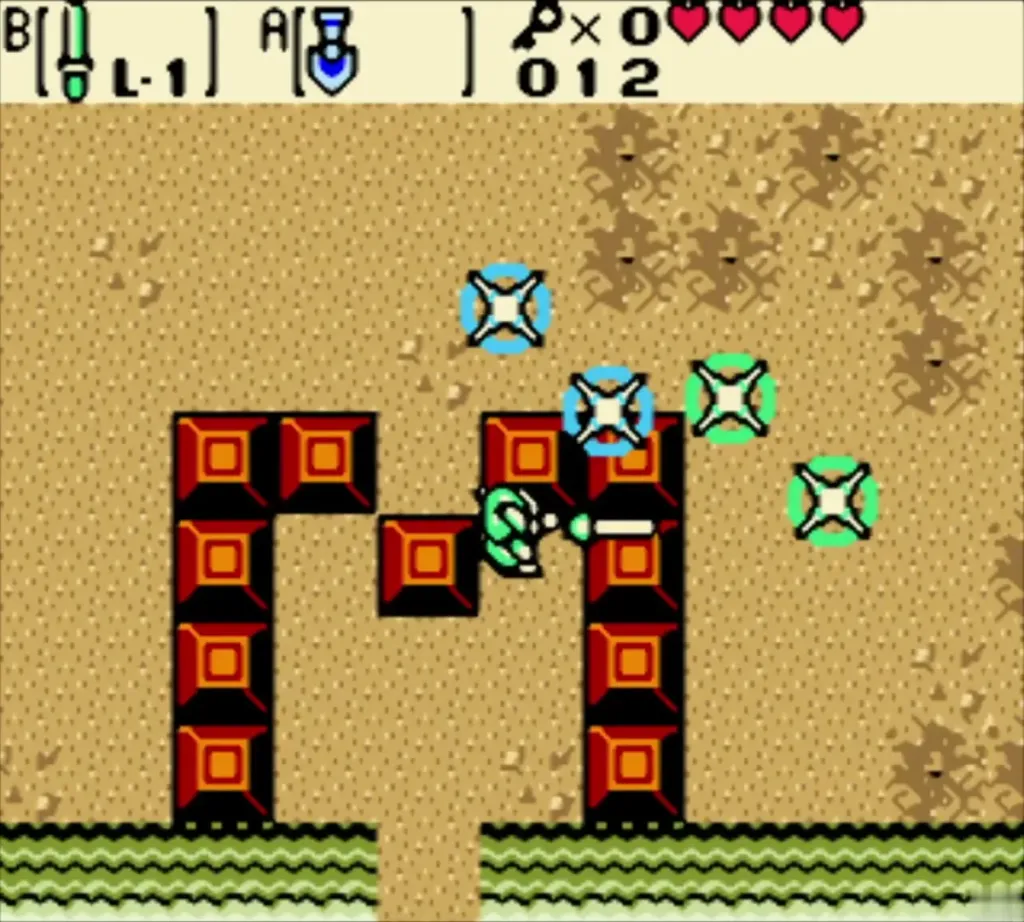 Link slashing at Keese beside red block walls Link slashing at Keese beside red block walls