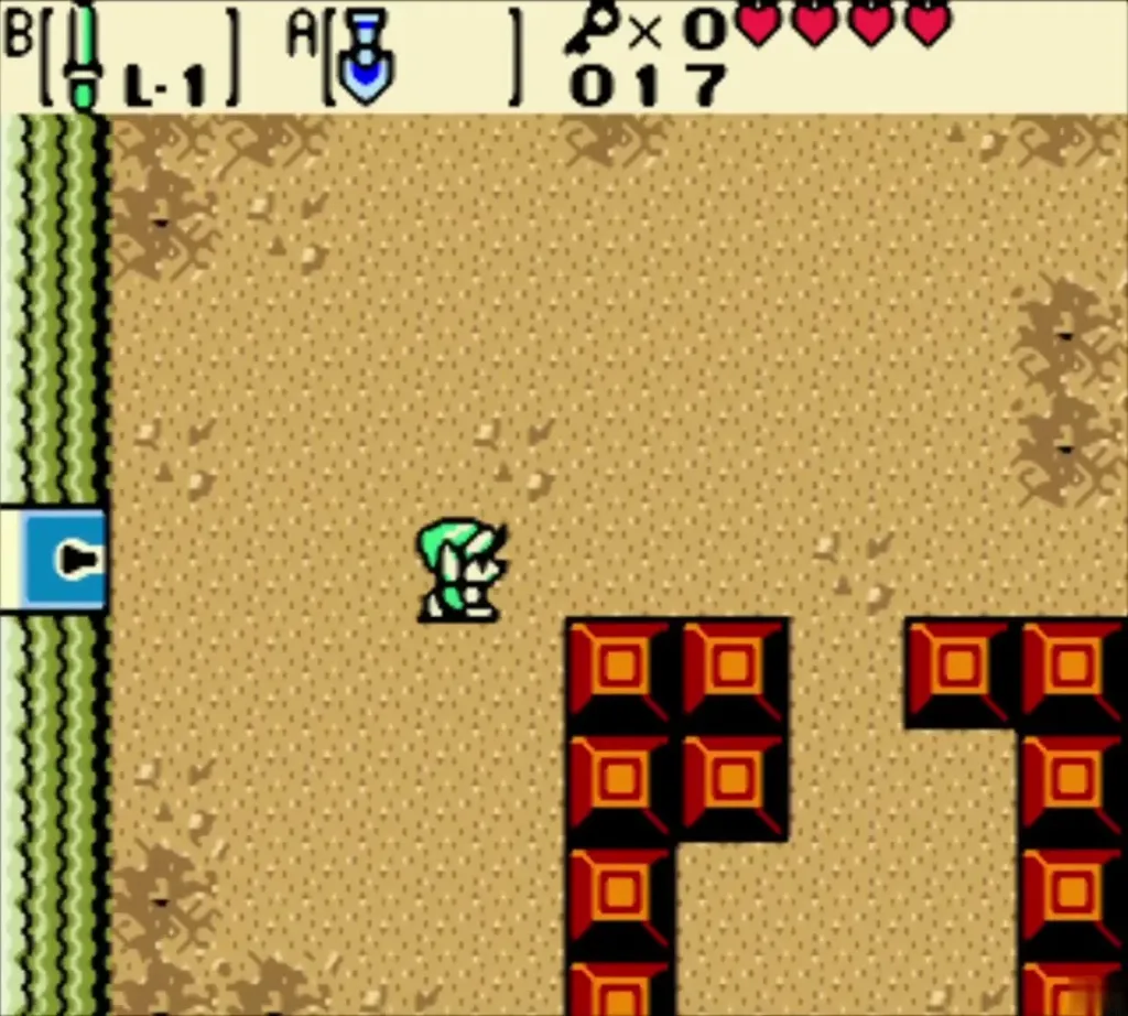 Link crossing a room with a locked door on the left, key counter at 0 Link crossing a room with a locked door on the left, key counter at 0