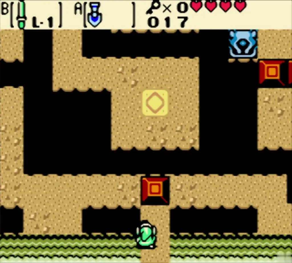 Link at the entrance of a dark pit room with a block ahead Link at the entrance of a dark pit room with a block ahead