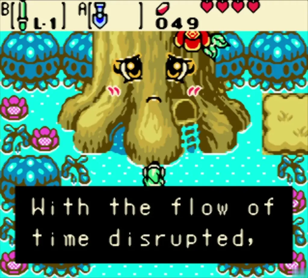 The present-day Maku Tree speaking to Link about the disrupted flow of time The present-day Maku Tree speaking to Link about the disrupted flow of time