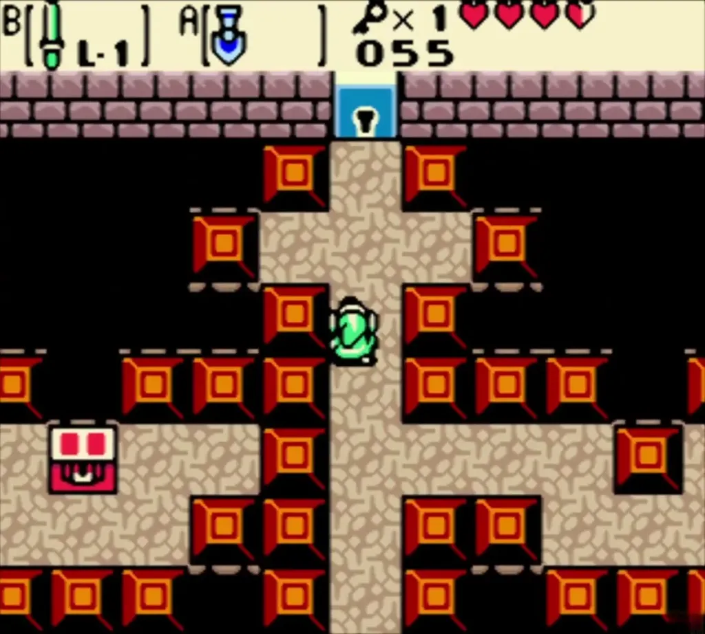 Link below the locked north door in the red-block maze with the key counter at 1 Link below the locked north door in the red-block maze with the key counter at 1