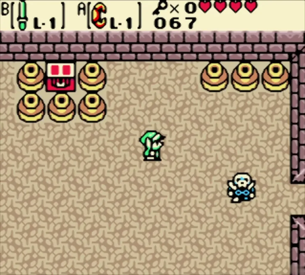 Link in the pot room with a Stalfos and the chest behind pots Link in the pot room with a Stalfos and the chest behind pots