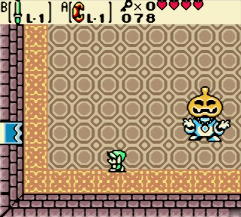 Pumpkin Head, a gown topped with a pumpkin, facing Link across the boss room Pumpkin Head, a gown topped with a pumpkin, facing Link across the boss room